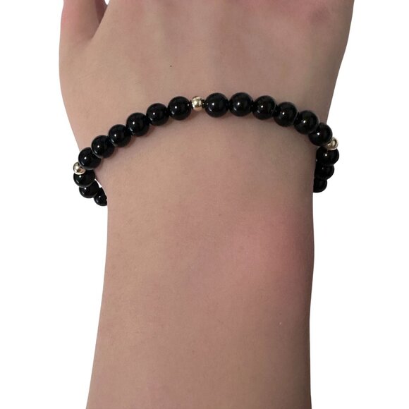 Gemstones Onyx 6mm Stretchable Bracelet 14k Gold Bead Charm - Picture 6 of 6